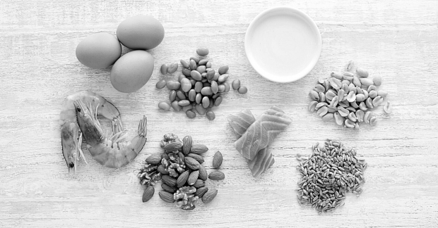 Decorative only - black and white photo of food associated with allergens