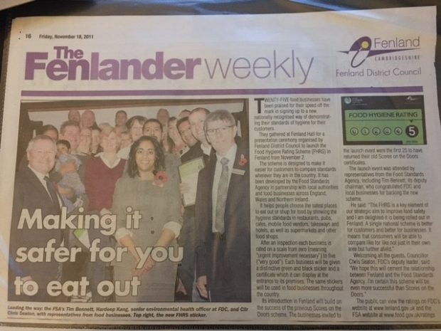 A newspaper cutting of Hardeep Kang in the Fenlander Weekly "Making it safer for you to eat out"