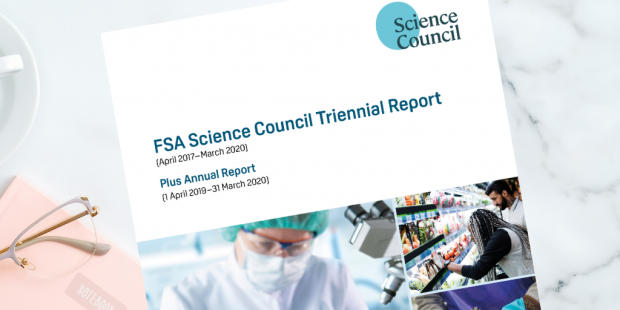 Decorative only - front cover of the FSA Science Council Triennial report on a marble table top