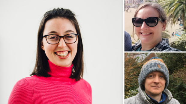 Left = Dr Sophie Hardy, Regulated Products Engagement and Partnership Coordinator, smiling in a pink jumper. Top right = Dr Erica Kintz, Senior Microbiological Risk Assessor, in sunglasses near a beach Bottom right = Mike Dickinson - Senior Chemical Risk Assessor, in a big woolly hat