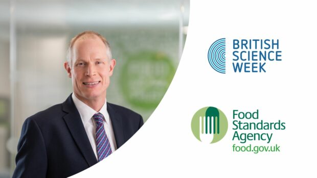 Professor Robin May on the left, British Science Week and Food Standards Agency logos on the right