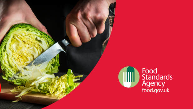 Someone cutting a lettuce with a knife on a wooden cutting board. Red background and Food Standards Agency logo in bottom right.