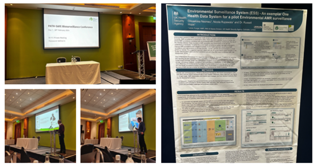 composite of 4 pictures, featuring posters and people presenting powerpoint at the PATH-SAFE conference
