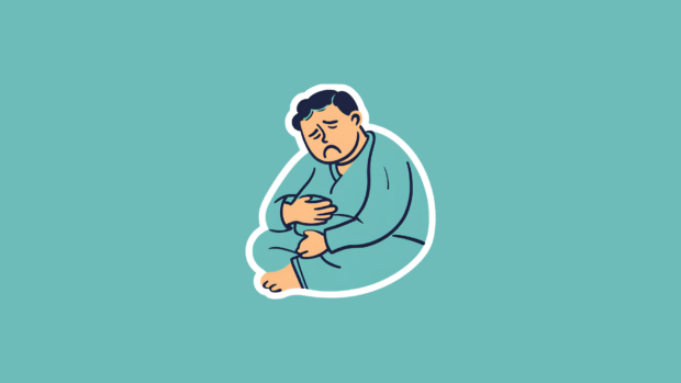 Cartoon sticker of an unhappy man in teal. AI generated.