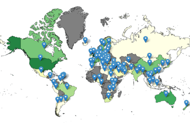 A map of the world, pinpointing the 91 countries that have used the UK's IID data in their published research.