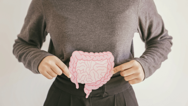 Person holding a paper cutout of intestines