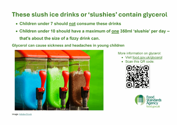 These slush ice drinks or 'slushies' contain glycerol
- Children under 7 should not consume these drinks
- Children under 10 should have a maximum of one 350ml ‘slushie’ per day –that’s about the size of a fizzy drink can.
Glycerol can cause sickness and headaches in young children
More information on glycerol:
- Visit food.gov.uk/glycerol
- Scan this QR code
Food Standards Agency