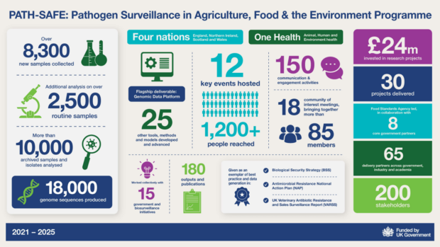 Research impact infographic titled “PATH‑SAFE: Pathogen Surveillance in Agriculture, Food and the Environment Programme.” From 2021–2025, the programme collected over 8,300 new samples, carried out additional analysis on over 2,500 routine samples and analysed more than 10,000 archived samples, producing 18,000 genome sequences while working collectively with 15 government and biosurveillance initiatives. The programme was four nation and took a One Health approach (animal, human and environmental health), delivering the flagship Genomic Data Platform alongside 25 other tools, methods and models. The programme was led by the FSA and included 8 core government partners, 65 delivery partners across government, industry and academia and 200 stakeholders. It delivered 30 projects, invested £24 million in funded research, 12 hosted events reaching over 1,200 people, 150 communication and engagement activities, 180 outputs and publications, and held 18 ‘community of interest’ groups bringing together more than 85 members. PATH-SAFE was given as an exemplar of best practice and data generation in the UK Biological Security Strategy (BSS), Antimicrobial Resistance Action Plan (NAP) and the UK Veterinary Antibiotic Resistance and sales surveillance Report (VARSS).